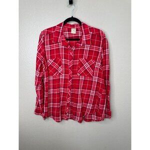 Faded Glory Womens Red Blouse Large long sleeve‎ button up collared Cotton plaid